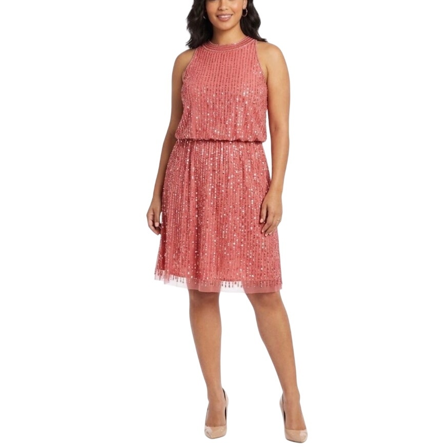 Adrianna Papell Coral Pink Cocktail Dress Sequined Sleeveless Mini Sheath Size 8